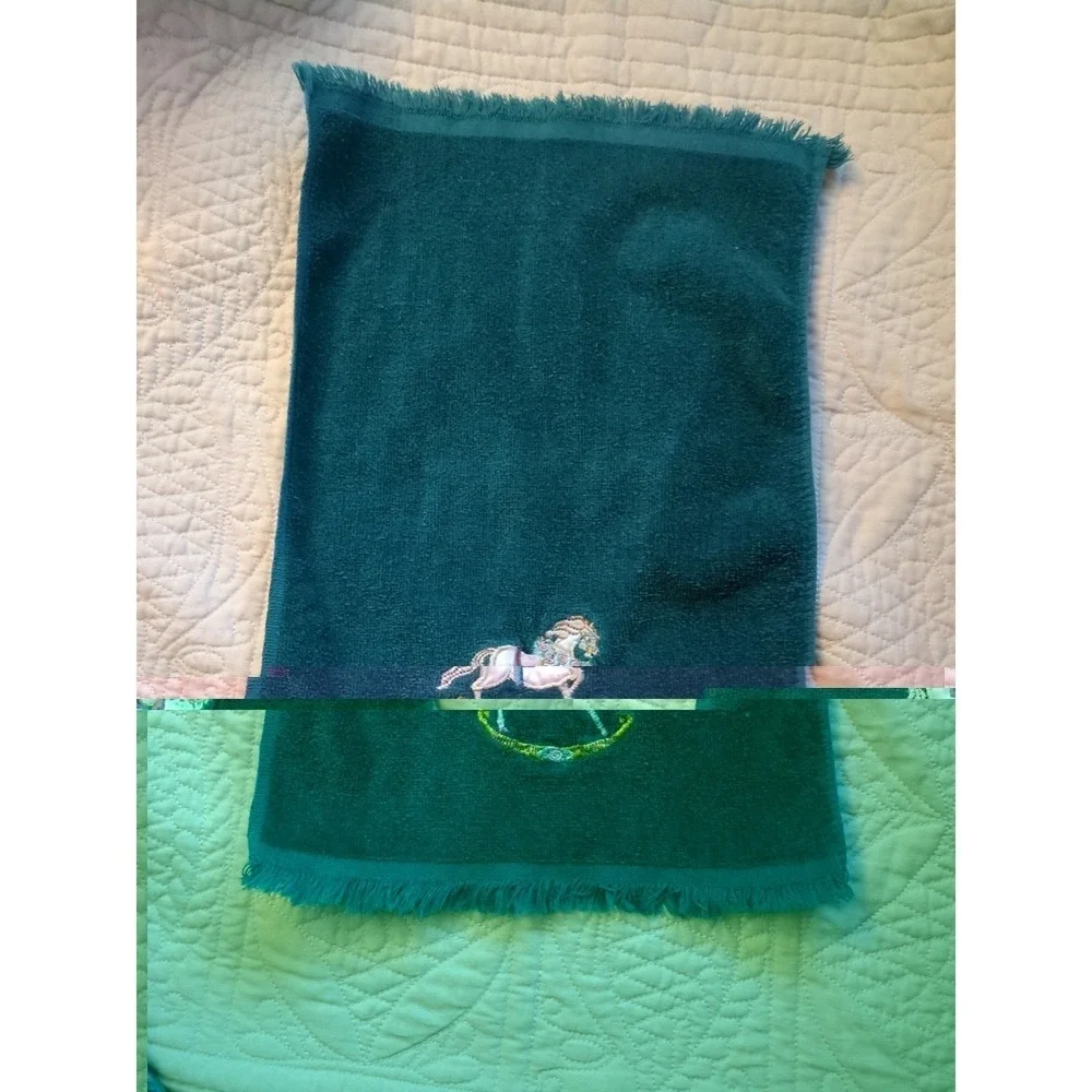 Christmas Green Hand Towel Decorated with Rocking Horse - Picture 1 of 3